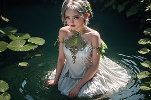 full body photo,dramatic light, fluorescent river,Floating on water, body wet,She was using her hands to collect water ,Hand holding water like a beggar.,,Nahida,green jewelry ,green eyes,silver hair,green collar,white and green dress,short dress,
Detailed pattern on the dress,small body,upper body,hair between eyes,windy,,detailed face, detailed eyes, detailed lips, beautiful woman, hourglass figure, natural lighting, high quality, hyperrealistic, 8k, cinematic, dramatic lighting, chiaroscuro, neoclassical, oil painting,