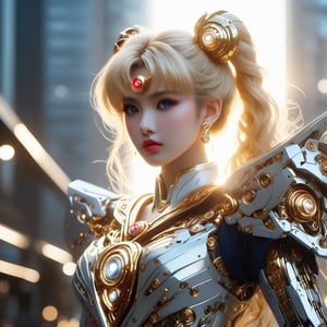 Sailor Moon wears moon-shaped diamond jewelry.,bokeh,show mecha diamond ring,mecha suit,japan face,(dynamic pose, dynamic angle:1.2), (realistic, photorealistic:1.2),Beautiful face, Highly detailed face, Highly detailed skin, Highly detailed eyes, hair follicles