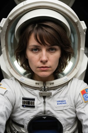 a photo of a short brown hair 30 year european woman, sadness, unbuttoned white space suit, cleavage, inside spaceship, attractive, looking at viewer, hyperdetailed, closeup,(PnMakeEnh)