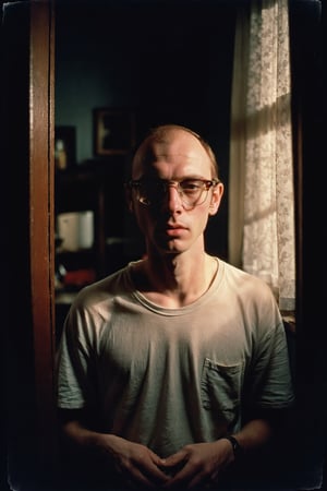 photo color portrait of a pale man with rayban glasses, 80's style, looking at the ground, in a darkened room, captures a scene full of mystery and nostalgia, 70's, The gloom hovers softly over the room, barely allowing light to filter through the almost closed curtains, This creates a subdued and melancholic atmosphere, where details are difficult to distinguish at first glance, In the center of this somber atmosphere,analog