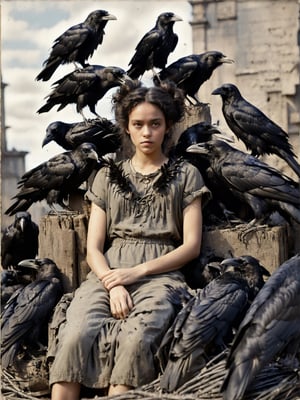 dark shot of a beautiful woman laying down on a big pile of ravens, messy dark hair, closeup, big ears, naturally_censored, looking_at_viewer,cinematic  moviemaker style