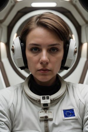 a photo of a short brown hair 30 year european woman, unbuttoned white space suit, cleavage, inside spaceship, attractive, looking at viewer, hyperdetailed, closeup,(PnMakeEnh)