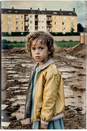 a little girl falls into a vacant lot, Shirley Temple, staring into space, yellow jacket with mud on it, behind a public housing project, with a school bag on her back, a summer evening, low light, looking tired and sad , 1970s, in France, full-body_portrait,  front view from above,  focus on face, sunlight,  warmdramatic lighting ( lofi,  messy,  ,  photography,  photorealism,  portraits,  bokeh )