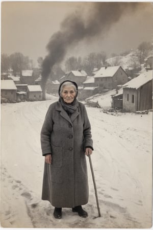 very old woman,grey smoke,old village,winter,analog