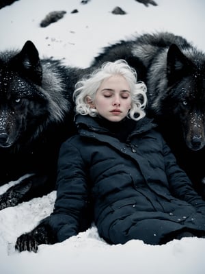 dark shot of a beautiful pale woman laying under on a big pile of black wolves in snow, eyes closed, full body, messy white hair, closeup, big ears, naturally_censored, looking_at_viewer, film grain, Ilfort HP5