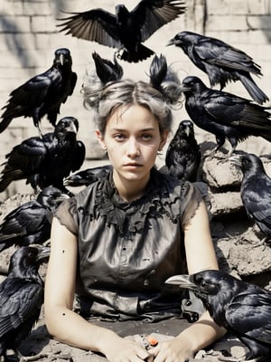 dark shot of a beautiful woman laying down on a big pile of ravens, messy chrome hair, closeup, big ears, naturally_censored, looking_at_viewer,cinematic  moviemaker style