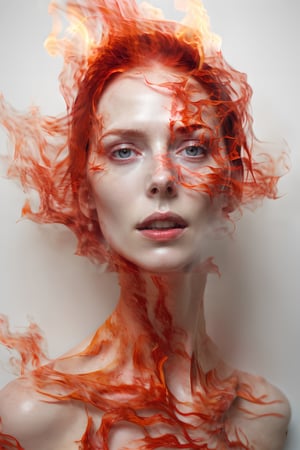 a woman for a picture, close up, dark background, chrome eyes, chrome face, flames instead of hair, inspired by Bert Stern, featured on cgsociety, fine art, thin red veins, extremely pale, krenzcushart, covered in red ink, dmitry mazurkevich, elongated figure, see - through, skintight, 2b, photor3al,fire element,fire that looks like...
