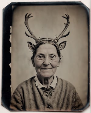 Tintype photograph of a happy drunk granny with small antlers, leica large format camera, Petzval 55mm F/5.6 Lens, sharp focus on face, realistic skin, highly detailed, tintime,tintime,Extremely Realistic