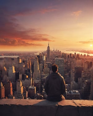 1man, face visible on the side, sitting watching a spectacular sunset with new york city on his right side, he is hoping for a new beginning.