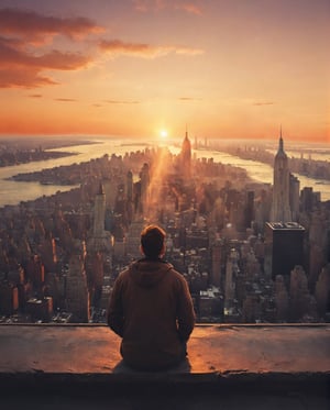 An man, face visible on the side, sitting watching a spectacular sunset with new york city on his right side, he is hoping for a new beginning.