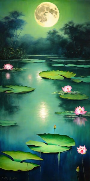 Paintings in oil and mineral colors create a rich, immersive environment of a tranquil lotus pond at night, with a full moon in the background. The scene should feature the moon. The background is hazy and diffuse, rendered in a loose, impressionistic style to emphasize mood and atmosphere. colors and greens) to create depth and atmosphere. of tenacity.