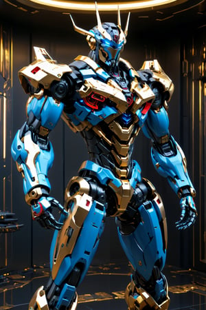 Mecha with sword,gun and with color red gold blue,blue ligth motif cyberpunk model,Futuristic room,Leonardo Style, hd, 4k, 8k, c1bo,make_3d