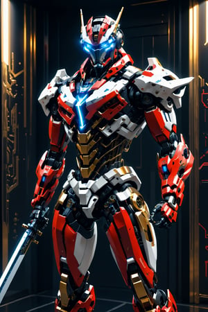 Mecha with sword, gun, color red gold white blue, red ligth motif, cyberpunk model, Futuristic room, Leonardo Style, cyborg, hd, 4k, 8k
