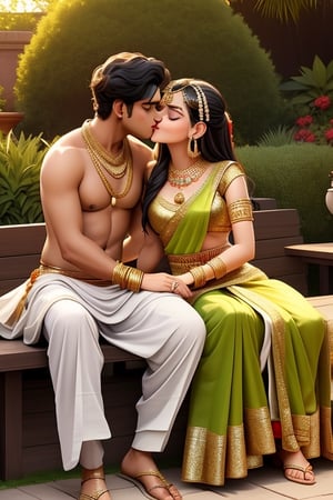 Duo, Indian man and woman, man wearing a dhothi, top less man, woman in saree, traditional Indian dress, sitting on lap, kissing, making out, sexy, in a garden, Krishna and Radha, wearing gold ornaments, bangle, bindi very young 