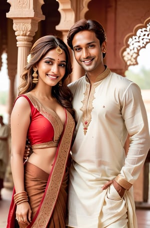 Beautiful Indian couple wedding photo, fair and handsome man, man wearing traditional Indian dhoti and kurta, beautiful fair lady, (freckles), big smile, brown eyes, long hair, hyperdetailed photography, soft light, full-length_portrait, cover,Beautiful Indian girl, light_body, full_body, red silk saree, show belly_button, transparent, standing, Saree, detailmaster2,Extremely Realistic, show_legs