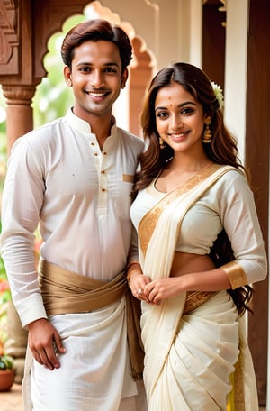 Beautiful kerala couple wedding photo, fair and handsome man, man wearing traditional kerala dhoti and kurta, beautiful fair lady, (freckles), big smile, brown eyes, long hair, hyperdetailed photography, soft light, full-length_portrait, cover,Beautiful Indian girl, light_body, full_body, Kerala saree, show belly_button, transparent, standing, Saree, detailmaster2,Extremely Realistic, show_legs