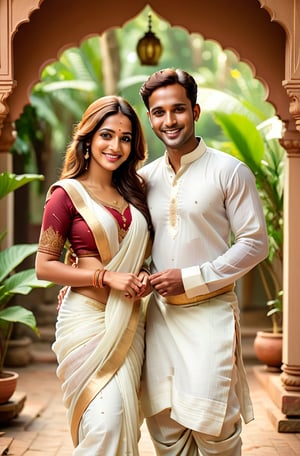 Beautiful kerala couple wedding photo, fair and handsome man, man wearing traditional kerala dhoti and kurta, beautiful fair lady, (freckles), big smile, brown eyes, long hair, hyperdetailed photography, soft light, full-length_portrait, cover,Beautiful Indian girl, light_body, full_body, Kerala saree, show belly_button, transparent, standing, Saree, detailmaster2,Extremely Realistic, show_legs