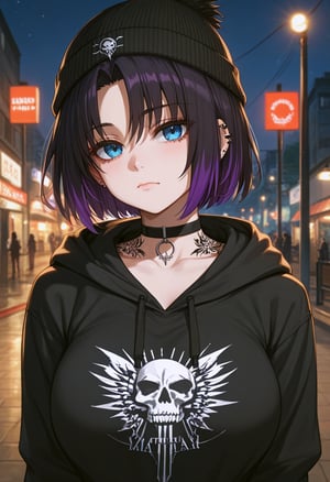 score_9,score_8_up,score_7_up,source_anime,masterpiece,best quality,eyebrows visible through hair,hair between eyes,breasts,closed mouth, hoodie,beanie,choker,neck tattoo,hand tattoo,death metal print,piercing,emo,thighhighs, night,close-up,elma,short hair, black hair, blue eyes, multicolored hair, purple hair, large breasts, 