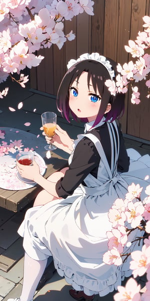 1girl, maid, maid headdress, maid apron, cherry blossoms, sunbeam, wallpaper,elma joui,short maid,