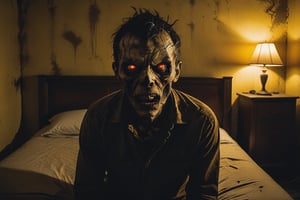 A dirty, run down motel room with faded yellow walls, old furniture and a claustrophobic atmosphere. The only light comes from a night lamp that casts long, sinister shadows, a huge, grotesque demonic figure, with glowing red eyes, sharp claws, and a skeletal face. His body is contorted unnaturally, as if he is coming out of the shadows. He looms over the bed with a menacing posture. A man lies on his back on the bed, his face visible and an expression of absolute terror. His body language suggests vulnerability and inability to defend himself. Atmosphere: Frightening, oppressive, nightmarish. Use a dark color palette with sickly yellows and browns for the room. He plays with shadows to increase fear and uncertainty. Focus on the grotesque details of the creature and the victim's terrified expression.