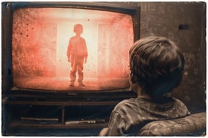 the silhouette of a child watching a television with static. The background is dark and there appears to be red spots on it. The image has a dark and mysterious tone, and suggests a supernatural or paranormal theme.