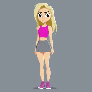 Create a cartoon character for animation of a blonde woman, long hair, sweet face, gray mini skirt, pink zipper crop top , full body, vector, Invader Zim style