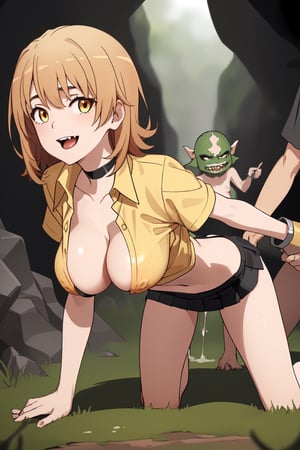 uncensored, decensored, 
High quality, best detail, beautiful picture, 

Iroha Isshiki, solo, short hair, Iroha is about 156cm, 
short body, medium-large tits, thin thighs, 
trouble smile, little open mouth, orange eyes, 
perfect fingers, perfect thumbs, 
look at viewer, welcome goblins,  

thin black choker, black micro bikini, 
Amesque, first high school girl, 
(((black micro bikini edge and strings is white))),
((white strings and edged black micro bikini tops and bottoms)), 

Her chest is open and her bikini bra is seeing from open shirt, 

((see-through pale yellow shirt)), 
(((orange mini skirt)), 

dark brown socks, dark brown shoose,

((school environment theme:1.5)), yellow shirt front full open, 
(((short sleeve pale-yellow shirt rolling up cuffs, not use buttoned, pale-yellow shirt_collor, chest wide open, shirt tied-up on stomach))),

short length shirt, 

Iroha being captured by goblins, 
dark green skin goblin, 
(((multiple goblins are surrounding iroha))),
many naked goblins are surrounding Iroha,
some nude goblins are standding behind Iroha,


in the deep cave, cave prison, large cave, 
day time, day light, wide cave full of goblins, 

orgy, group sex, rinkan, gangbang, sex, fuck, 
double penetration, fucked from behind,


very long and fat penis, 
double handjob, 


((((grabbed boobs by goblins very hard)))), 
in the cave,

Goblins are holding his dick and masturbating,

prisoner, (((grabbed her boobs))),
brabbed tits from behind, 

undressed by goblins, sucked her nipples by the goblins,

(((((grabbed her tits by the goblins very hard))))),

pale nipples, nipples on pink, erect nipples, 
((((double handjob)))), vaginal cum, 

(((lots of goblins is flocking to Iroha))),
(((grabbed boobs by goblins very hard))), 

(((she is being double handjob))), 

(((all fours))), undressed, fucked by the goblins from her behind, 
green_dicks_everywhere, double penetration, group sex, orgy, 
(((front view))),  sliding bra, seeing her nipples,  , front view doggystyle, nude, topless,  seeing nipples, every hole is goal, 
tripple penetration, ,black_dicks_everywhere,dppv1
