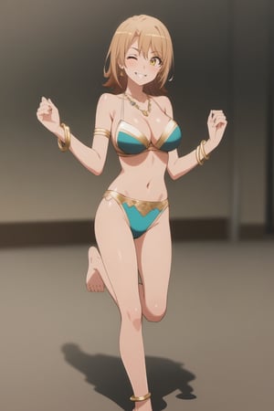Iroha Isskiki, pretty, 1girl, solo, breasts, looking at viewer, smile, short hair, bangs, brown hair, navel, cleavage, brown eyes, jewelry, medium breasts, standing, full body, yellow eyes, earrings, one eye closed, barefoot, necklace, grin, shiny hair, bracelet, veil, pelvic curtain, armlet, anklet, thighlet, dancer, harem outfit, arabian clothes, 
