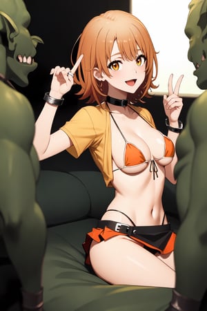 uncensored, decensored, 
High quality, high detail, reality, beautiful picture, 

(((white string tie black micro bikini top and bottom))),

many nude orcs are surrounding Iroha,
some large nude orcs are stadding behind Iroha,
she is undressed by the orcs, 

the enter of cave, cave prison, day time, day light,

See-through scrunchie on her left hand wrist, 
On her right hand wrist are two slightly larger and thin metalic ring bracelets that is one red and another orange.,

Iroha Isshiki, smile, solo, short hair, Iroha is about 156cm, short body, large tits, perfect fingers, perfect thumbs, look at viewer, smile, open mouth,

thin thighs, 

thin black choker, pink heart on choker,

left leg red ring decoration, 
right leg lite green ring decoration,
dark brown socks,dark brown shooses

see-through pale yellow shirt, (school environment theme:1.5), not use buttons, 
(((short sleeve pale-yellow shirt, not buttoned, neck collar is pale-yellow, chest wide open, shirt tie up on stomach, rolling up cuffs))),
short length shirt, 
Her chest is open and her bikini is visible, 

((((orange mini skirt)))), 

cave's floor is large ang deep cumbath, orczor,multiple penises, blackedscene,
orcs stand ner her,
orgy, group sex, rinkan, gangbang, sex, fuck, double penetration,

monster cocks,
very long and fat penis, 
white string tie black micro bikini top and bottom,
double hand job, blow job, face cum,
multiple boys are surrounding iroha,
doggy-pose sex, black micro bikini, 
orgy, double penetration, group sex, 
undressed by orcs, chest open, 
pulled c;lothes, grabbed titis, 