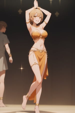 Iroha Isskiki, pretty, 1girl, solo, breasts, looking at viewer, smile, short hair, bangs, brown hair, navel, cleavage, brown eyes, jewelry, medium breasts, standing, full body, yellow eyes, earrings, barefoot, necklace, grin, shiny hair, bracelet, veil, pelvic curtain, armlet, anklet, thighlet, dancer, harem outfit, arabian clothes, hands over head, see-through orange wear,
whole body focus, 