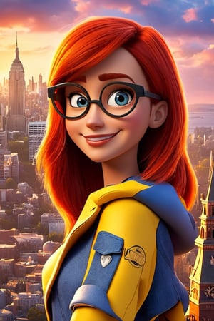 Pixar style movie poster, in 3d pixar disney style, sexy girl, long eyelashes, redhair, bang covering eye, yellow eyes, victory pose, city behind
