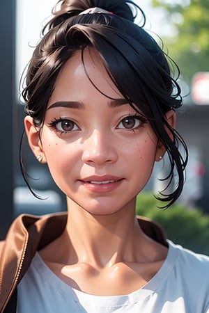 beautiful woman 32 years old, with brown eyes, detailed skin, smile, nice lips, soft shadows, detailed face, detailed eyes, (short hair ponytail),
a woman wearing casual clothes, (extremely detailed 8k), looking at viewer, , photo of the most beautiful artwork in the world, 8k uhd, dslr, soft lighting, high quality, film grain, Fujifilm XT3 sharp focus, f 5.6, High Detail, Sharp focus, dramatic,  X/Y/Z plot 