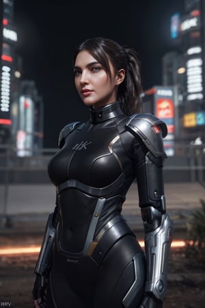 photorealistic, 8k, a woman, 1girl, 30 years old,  beautiful face, high detail face, detailed eyes, black hair, sexy body, ponytail, mecha suit armor, mecha, summer noon, natural lighting, cinematic, futuristic city, in a war, futuristic big rifle, ready for battle,