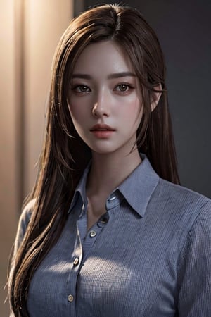 photorealistic, masterpiece, best quality, raw photo, 1girl, medium breasts, long hair, brown hair, collared shirt, looking at viewer, dynamic lighting, in the dark, deep shadow, low key, intricate detail, detailed skin, pore, highres, hdr