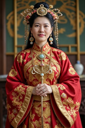  
A full-body photograph of a regal Chinese empress, standing with graceful nobility. She is dressed in an elaborate imperial robe made of rich, flowing silk, adorned with intricate golden embroidery of dragons and phoenixes symbolizing power and virtue. The robe is deep red with gold accents, featuring wide sleeves and layered folds cascading down to the floor. Around her waist, she wears an ornate golden belt, and her high collar is trimmed with delicate pearls. Her hair is styled in an elegant updo, secured with a tall golden headdress decorated with jade, pearls, and intricate floral designs. Long, delicate tassels hang from the headdress, framing her serene face. She wears golden earrings, a jade pendant necklace, and rings on her fingers, each encrusted with precious stones. In this portrait, the empress holds a ceremonial scepter (ruyi) with poised hands, her posture regal and exuding authority, while her expression remains calm yet commanding. The lighting is soft, highlighting the luxurious textures of her attire and the intricate details of her jewelry. ttthangf,