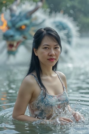 (Full body shot: 1.9)
Bright, real movie style, full body picture, aerial perspective, looking down, mist-filled frosty lake, an upper body of beautiful woman in the lake looking towards camera, wearing spaghetti straps and a sleeveless breast pocket, using her hands to condense water and fire in hands seals to perform Taoist spells, A 3D huge and ferocious oriental dragon-shaped transparent water and fire energy flew out of the hand and surrounded the woman. The lake surface exploded and splashed water droplets. The panoramic view was majestic and shocking.,
Her straight black long hair, detailed skin and red eye shadow stand out. her eyes are vividly depicted with realistic brown pupils. The photo, with dramatic lighting and particle effects that seem to have been taken with a DSLR camera, is smooth, glossy and detailed enough to be described as one of the most beautiful works of art in the world.ttthangf
((The full body: 1.9)) 8k Unity rendering and action shot shows the pores of the skin in detail, and features very dark lighting and deep shadows. 
Completed with digital painting and Octane rendering, this concept art can be found on Artstation, and the smooth, sharply focused illustration boasts top quality with the use of global lighting, studio lighting, and volumetric lighting to add rain and floating particle effects. The highly detailed and delicate details make this piece stand out even more.,Top quality, very detailed and delicate details description:1.2,Ttthangf,Perfect Eyes,Detailed skin,ttthangf,