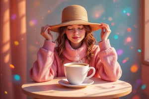 Morning coffee relaxing vibes of a kawaii woman, with colorful prism color effects,3Dmorningcoffee,PrismKaleidoscope