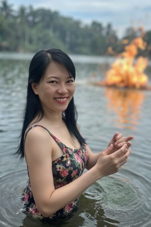 (Full body shot: 1.9)
Bright, real movie style, full body picture, aerial perspective, looking down, mist-filled frosty lake, an upper body of beautiful woman in the lake looking towards camera, wearing spaghetti straps and a sleeveless breast pocket, using her hands to condense water and fire in hands seals to perform Taoist spells, A 3D huge and ferocious oriental dragon-shaped transparent water and fire energy flew out of the hand and surrounded the woman. The lake surface exploded and splashed water droplets. The panoramic view was majestic and shocking.,
Her straight black long hair, detailed skin and red eye shadow stand out. her eyes are vividly depicted with realistic brown pupils. The photo, with dramatic lighting and particle effects that seem to have been taken with a DSLR camera, is smooth, glossy and detailed enough to be described as one of the most beautiful works of art in the world.ttthangf
((The full body: 1.9)) 8k Unity rendering and action shot shows the pores of the skin in detail, and features very dark lighting and deep shadows. 
Completed with digital painting and Octane rendering, this concept art can be found on Artstation, and the smooth, sharply focused illustration boasts top quality with the use of global lighting, studio lighting, and volumetric lighting to add rain and floating particle effects. The highly detailed and delicate details make this piece stand out even more.,Top quality, very detailed and delicate details description:1.2,Ttthangf,Perfect Eyes,Detailed skin,ttthangf,