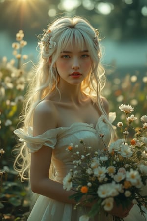 (Award-winning masterpiece, highly realistic photography, artistic style), mystical forest, ambient light, cinematic lighting, (17-year-old girl alone, sapphire eyes with cat-like pearl lipstick), (Wearing a pearl-colored tube top dress, voluminous bangs covering the forehead, emphasizing the subject's porcelain skin and long, white hair flowing down to her waist.), ((Close-up of the upper body to the left frontal view fills the screen, her soft smile and warm gaze radiate elegance and charm, the bouquet in her hand suggests that this is a photo shoot.)) Vivid plants bloom in harmony with small white wild flowers, the overall atmosphere is peaceful and mysterious, and the gradation of the mysterious blue fog below and the golden sunlight in the air invites the viewer into this fantastic world.