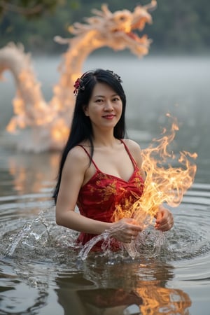 (Full body shot: 1.9)
Bright, real movie style, full body picture, aerial perspective, looking down, mist-filled frosty lake, an upper body of beautiful woman in the lake looking towards camera, wearing spaghetti straps and a sleeveless breast pocket, using her hands to condense water and fire in hands seals to perform Taoist spells, A 3D huge and ferocious oriental dragon-shaped transparent water and fire energy flew out of the hand and surrounded the woman. The lake surface exploded and splashed water droplets. The panoramic view was majestic and shocking.,
Her straight black long hair, detailed skin and red eye shadow stand out. her eyes are vividly depicted with realistic brown pupils. The photo, with dramatic lighting and particle effects that seem to have been taken with a DSLR camera, is smooth, glossy and detailed enough to be described as one of the most beautiful works of art in the world.ttthangf
((The full body: 1.9)) 8k Unity rendering and action shot shows the pores of the skin in detail, and features very dark lighting and deep shadows. 
Completed with digital painting and Octane rendering, this concept art can be found on Artstation, and the smooth, sharply focused illustration boasts top quality with the use of global lighting, studio lighting, and volumetric lighting to add rain and floating particle effects. The highly detailed and delicate details make this piece stand out even more.,Top quality, very detailed and delicate details description:1.2,Ttthangf,Perfect Eyes,Detailed skin,ttthangf,