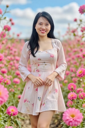 Floral Fantasy, a young woman standing in a field of tall pink and white flowers. She is wearing a white dress with a floral pattern and a ruffled skirt. The dress has long sleeves and a high neckline. She has long dark hair and is wearing white high heels. The woman is posing with one hand on her hip and the other resting on her thigh. The background is a clear blue sky with white clouds. The overall mood of the image is dreamy and ethereal.

 full body shot, full feagure, full body composition, High quality,masterpiece,rich details,

Hi resolution, beautiful skin, pretty face, well make up. The woman look at viewer. 1girl
A hyper-realistic portrait of a stunning supermodel, featuring a beautifully detailed face with captivating eyes and a serene expression  The image showcases her natural beauty, focusing on her flawless skin and delicate features  The composition blends modern and traditional elements with a neo mode, avant-garde style, characterized by elegant lines, vibrant colors, and exquisite details  Her hair is styled in an intricate and unique fashion, adding to her ethereal and timeless aura  The lighting enhances her features, creating a soft interplay of light and shadow, while the high-resolution quality captures every detail with photorealistic clarity
Hi resolution, beautiful skin, pretty face, well make up. The woman look at viewer.
She has Asian brown eyes that seduce the viewer. Thick, sensual lips, juicy like a ripe fruit, open in a sweet and charming smile. Intricate details, vibrant colors, soft lighting. Her hair should flow softly over her shoulders, slightly tousled by a gentle breeze. 
The scene should take place in a vibrant place. The woman’s expression should be calm and peaceful, as if she is enjoying a moment with ambience. The camera captures her sweet, endearing smile. Sunlight filters through the scene, casting a warm, dappled light on her and her surroundings. The overall mood should evoke a sense of tranquility, natural beauty, and harmony with the environment, capturing the delicate balance between the woman's beauty and the beauty of nature. ttthangf,
Best in masterpiece, awards in photography 