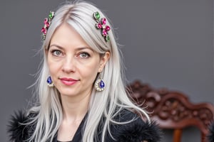 long hair, looking at viewer, simple background, (hair ornament), gem, tassel, hair between eyes, jewelry, high heels,earrings, lips, fur trim, eyelashes, portrait, beads, emo, (sharp eyes:1.4), (rebellious:1.4), (fierce:1.4), (standing: 1.2), silver-white hair, Gothic make-up, tough, wild.

A hyper-realistic portrait of a stunning supermodel, featuring a beautifully detailed face with captivating eyes and a serene expression  The image showcases her natural beauty, focusing on her flawless skin and delicate features  The composition blends modern and traditional elements with a neo mode, avant-garde style, characterized by elegant lines, vibrant colors, and exquisite details  Her hair is styled in an intricate and unique fashion, adding to her ethereal and timeless aura  The lighting enhances her features, creating a soft interplay of light and shadow, while the high-resolution quality captures every detail with photorealistic clarity,ttthangf