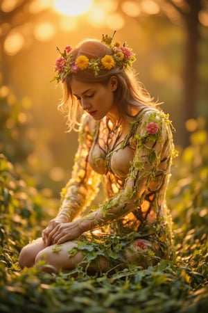 Scenario: A figure that combines human and natural elements, kneeling on the ground.
Subject: The figure's body is translucent, revealing internal branches and leaves, indicating an integration with plant life. The head is adorned with a crown made of flowers and foliage. The background features a blurred sunset or sunrise, casting warm light through the figure's body and highlighting intricate details.
Atmosphere: The warm light from the sunset or sunrise creates a soft, ethereal glow that enhances the connection between the human form and natural elements.
Composition: The figure is centrally placed, kneeling with its translucent body and crown of flowers and foliage. The background's warm light filters through the figure, emphasizing its details.
Style: Artistic and symbolic, blending human form with natural elements to convey a deep connection between humanity and nature.
Lighting: Warm light from a sunset or sunrise creates a soft, glowing effect through the translucent body of the figure, accentuating the internal branches and leaves.
Secondary_elements: The crown made of flowers and foliage, the translucent body with visible branches and leaves, and the warm, blurred background of the sunset or sunrise.
Interaction: The figure's kneeling posture and integration with natural elements symbolize a profound connection between the human form and the natural world, enhanced by the warm, glowing light.