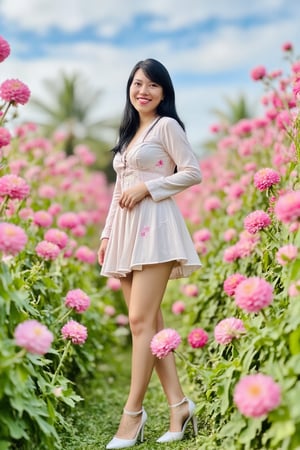 Floral Fantasy, a young woman standing in a field of tall pink and white flowers. She is wearing a white dress with a floral pattern and a ruffled skirt. The dress has long sleeves and a high neckline. She has long dark hair and is wearing white high heels. The woman is posing with one hand on her hip and the other resting on her thigh. The background is a clear blue sky with white clouds. The overall mood of the image is dreamy and ethereal.

 full body shot, full feagure, full body composition, High quality,masterpiece,rich details,

Hi resolution, beautiful skin, pretty face, well make up. The woman look at viewer. 1girl
A hyper-realistic portrait of a stunning supermodel, featuring a beautifully detailed face with captivating eyes and a serene expression  The image showcases her natural beauty, focusing on her flawless skin and delicate features  The composition blends modern and traditional elements with a neo mode, avant-garde style, characterized by elegant lines, vibrant colors, and exquisite details  Her hair is styled in an intricate and unique fashion, adding to her ethereal and timeless aura  The lighting enhances her features, creating a soft interplay of light and shadow, while the high-resolution quality captures every detail with photorealistic clarity
Hi resolution, beautiful skin, pretty face, well make up. The woman look at viewer.
She has Asian brown eyes that seduce the viewer. Thick, sensual lips, juicy like a ripe fruit, open in a sweet and charming smile. Intricate details, vibrant colors, soft lighting. Her hair should flow softly over her shoulders, slightly tousled by a gentle breeze. 
The scene should take place in a vibrant place. The woman’s expression should be calm and peaceful, as if she is enjoying a moment with ambience. The camera captures her sweet, endearing smile. Sunlight filters through the scene, casting a warm, dappled light on her and her surroundings. The overall mood should evoke a sense of tranquility, natural beauty, and harmony with the environment, capturing the delicate balance between the woman's beauty and the beauty of nature. ttthangf,
Best in masterpiece, awards in photography 