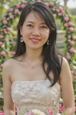 "Create an image of a stunning young Asian woman standing elegantly in front of a beautiful garden wedding setup during the afternoon. She is wearing a fitted, shiny ivory strapless dress that gleams softly in the sunlight, enhanced by delicate silver jewelry that dances around her neck and ears. Her long brown hair is styled in loose waves, cascading over her shoulders and giving her a graceful appearance. Behind her, an archway draped in lush greenery and delicate blooming flowers frames the scene, while the word 'Love' is artistically woven into the floral design, creating a romantic and enchanting backdrop.",ttthangf