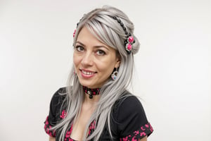 long hair, looking at viewer, simple background, (hair ornament), gem, tassel, hair between eyes, jewelry, high heels,earrings, lips, fur trim, eyelashes, portrait, beads, emo, (sharp eyes:1.4), (rebellious:1.4), (fierce:1.4), (standing: 1.2), silver-white hair, Gothic make-up, tough, wild.

A hyper-realistic portrait of a stunning supermodel, featuring a beautifully detailed face with captivating eyes and a serene expression  The image showcases her natural beauty, focusing on her flawless skin and delicate features  The composition blends modern and traditional elements with a neo mode, avant-garde style, characterized by elegant lines, vibrant colors, and exquisite details  Her hair is styled in an intricate and unique fashion, adding to her ethereal and timeless aura  The lighting enhances her features, creating a soft interplay of light and shadow, while the high-resolution quality captures every detail with photorealistic clarity,ttthangf