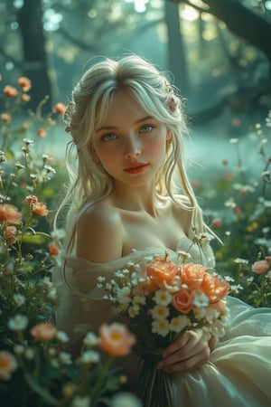 (Award-winning masterpiece, highly realistic photography, artistic style), mystical forest, ambient light, cinematic lighting, (17-year-old girl alone, sapphire eyes with cat-like pearl lipstick), (Wearing a pearl-colored tube top dress, voluminous bangs covering the forehead, emphasizing the subject's porcelain skin and long, white hair flowing down to her waist.), ((Close-up of the upper body to the left frontal view fills the screen, her soft smile and warm gaze radiate elegance and charm, the bouquet in her hand suggests that this is a photo shoot.)) Vivid plants bloom in harmony with small white wild flowers, the overall atmosphere is peaceful and mysterious, and the gradation of the mysterious blue fog below and the golden sunlight in the air invites the viewer into this fantastic world.