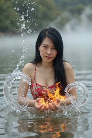 (Full body shot: 1.9)
Bright, real movie style, full body picture, aerial perspective, looking down, mist-filled frosty lake, an upper body of beautiful woman in the lake looking towards camera, wearing spaghetti straps and a sleeveless breast pocket, using her hands to condense water and fire in hands seals to perform Taoist spells, A 3D huge and ferocious oriental dragon-shaped transparent water and fire energy flew out of the hand and surrounded the woman. The lake surface exploded and splashed water droplets. The panoramic view was majestic and shocking.,
Her straight black long hair, detailed skin and red eye shadow stand out. her eyes are vividly depicted with realistic brown pupils. The photo, with dramatic lighting and particle effects that seem to have been taken with a DSLR camera, is smooth, glossy and detailed enough to be described as one of the most beautiful works of art in the world.ttthangf
((The full body: 1.9)) 8k Unity rendering and action shot shows the pores of the skin in detail, and features very dark lighting and deep shadows. 
Completed with digital painting and Octane rendering, this concept art can be found on Artstation, and the smooth, sharply focused illustration boasts top quality with the use of global lighting, studio lighting, and volumetric lighting to add rain and floating particle effects. The highly detailed and delicate details make this piece stand out even more.,Top quality, very detailed and delicate details description:1.2,Ttthangf,Perfect Eyes,Detailed skin,ttthangf,