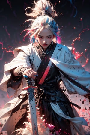 Envision a Thai girl with flowing white hair, thundering:1.3, ((silver colors samurai uniform)), (((the background is abstract with multiple colors splashes all over the background:1.5))) , ((white multiple samurai’s swords )), 