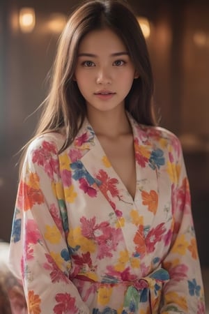 Ailada in rainbow floral printed pattern kimono, bokeh